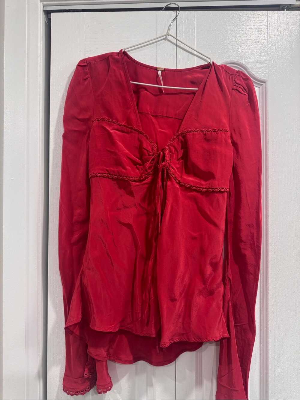 Free People Red Tie-Front Long Sleeve Blouse